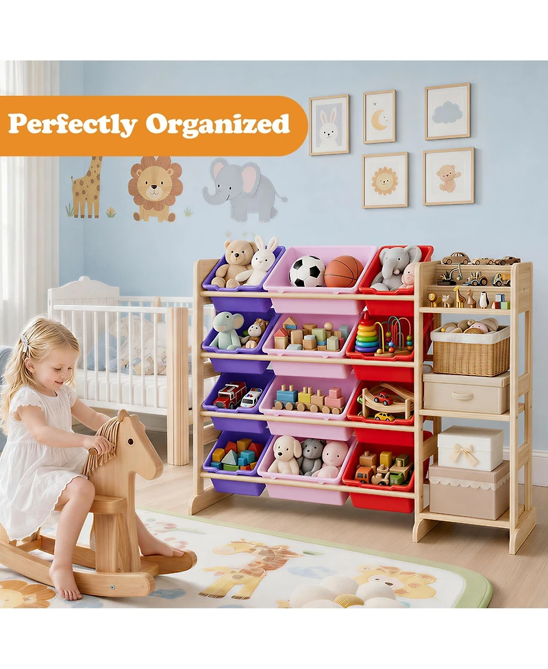 gaomon Kids Toy Storage Organizer 42" Wide Wood Cubby Bookshelf with 12 Bins and 3 Open Shelves for Playroom Nursery Bedroom