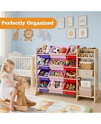 gaomon Kids Toy Storage Organizer 42" Wide Wood Cubby Bookshelf with 12 Bins and 3 Open Shelves for Playroom Nursery Bedroom