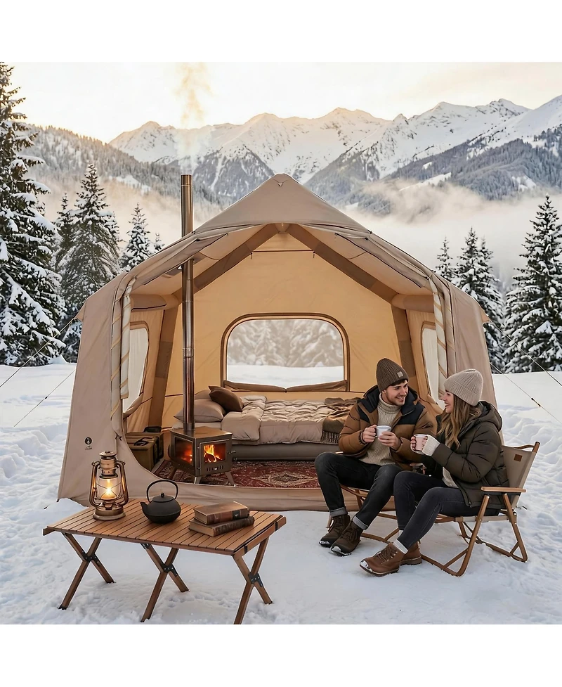 Maxsa Inflatable Camping Tent with Roof Window & Stove Jack, Waterproof Blow Up Glamping Tent for Family & Friends Outdoor Gatherings