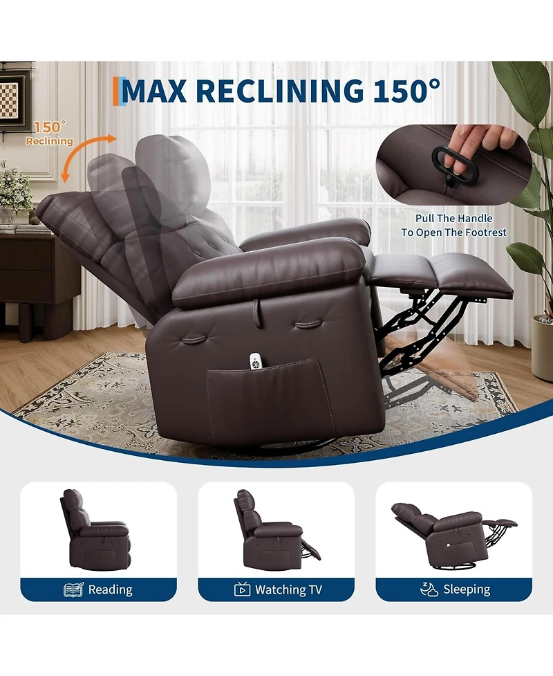 Leather Manual Recliner Chair for Adults with Heat and Massage, 360degree(s) Swivel, 30degree(s) Rocking, Nursery Glider, Single Sofa for Living Room