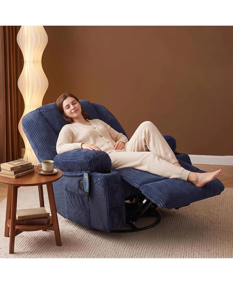 Oversized Swivel Rocker Recliner with Massage and Heat, Corduroy, Extra Wide Seat