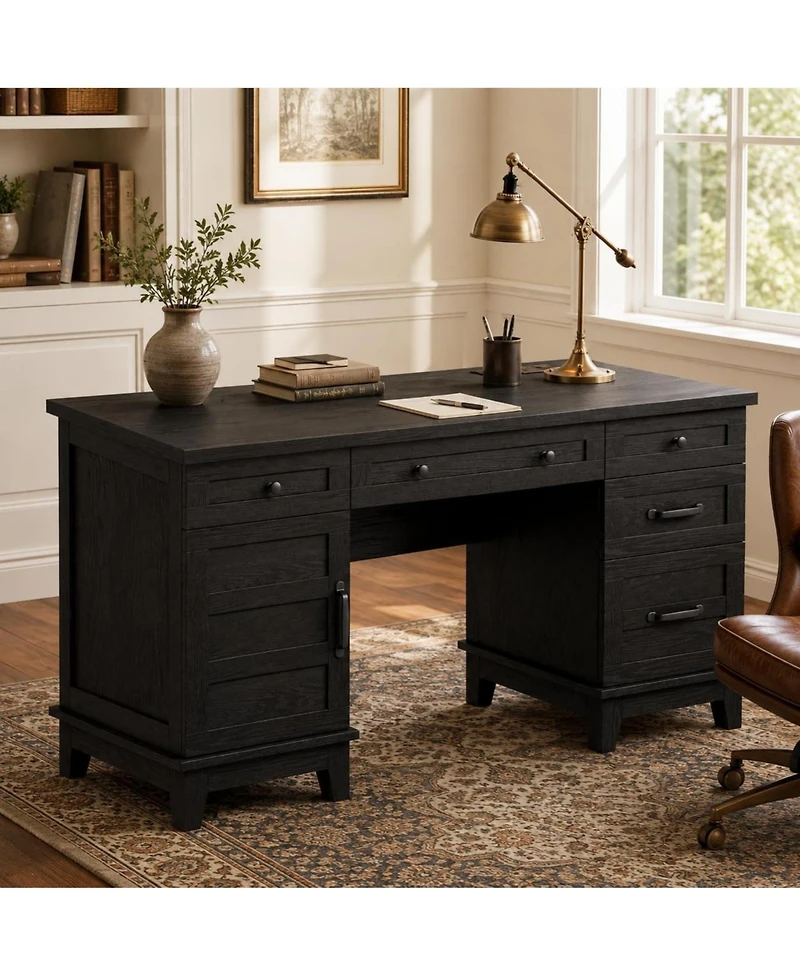 60" Farmhouse Executive Desk with File Drawers, Charging Station and Cabinet Storage