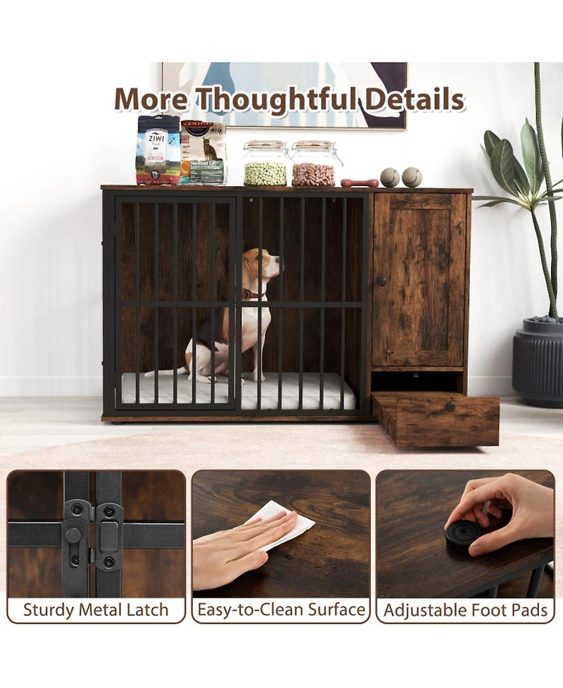 Sugift 47.5 Inch Dog Crate Furniture with Hidden Pull-Out Feeding Bowls Storage Cabinet and Lockable Door