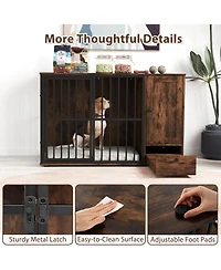 Sugift 47.5 Inch Dog Crate Furniture with Hidden Pull-Out Feeding Bowls Storage Cabinet and Lockable Door