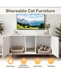 Gymax Double Cat Litter Box Enclosure with Scratching Pad Double Rooms for Indoor