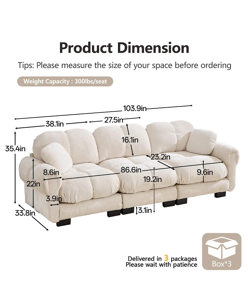 Boyel Living Chenille Cloud 3-Seater Sofa Exquisite Pillows and Quilted Back Cushions Soft Padded Armrests