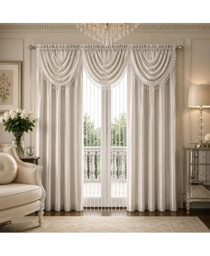 Kate Aurora 6 Piece Maison Estate Semi Sheer Collection Window Curtains and Beaded Valance Set