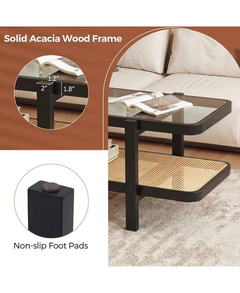 Sugift 2-Tier Coffee Table with Tempered Glass Top and Rattan Storage Shelf