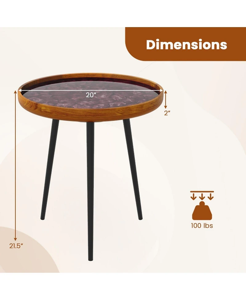 Sugift 20 Inch Handcrafted Round End Table with Sea Shell Tray Top and Epoxy Resin Finish