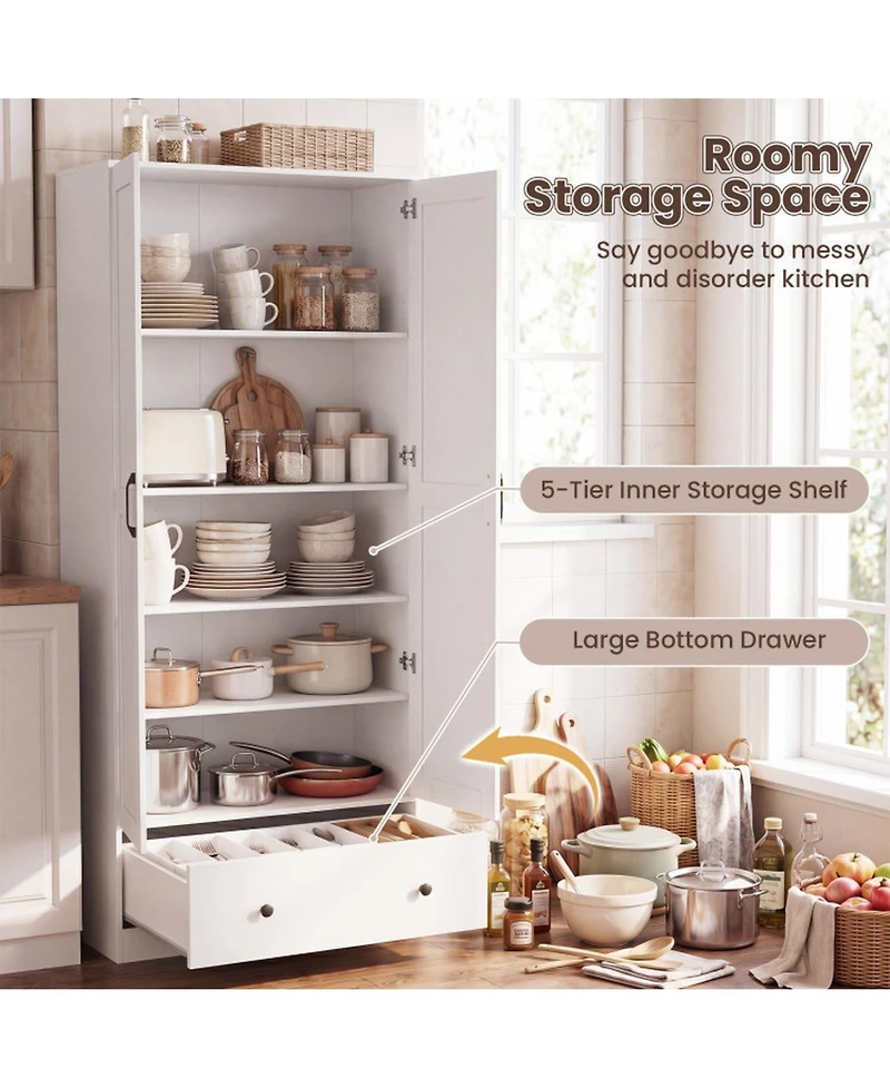 Sugift 72 Inch Farmhouse Kitchen Pantry Cabinet with 2 Doors and 5-Tier Shelves