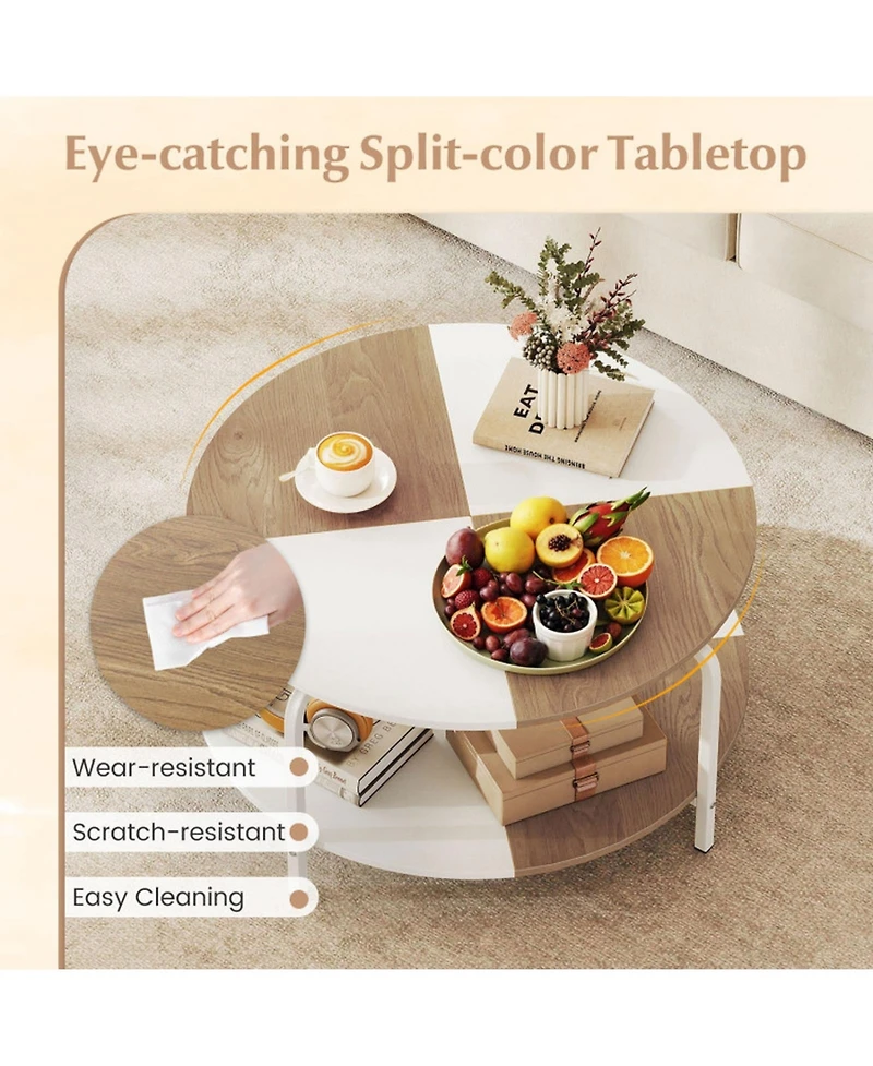 Sugift 31.5 Inch Split-Top Round Coffee Table with Metal Frame and Storage Shelf
