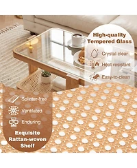 Sugift Set of 2 Nesting Coffee Tables with Tempered Glass Tops and Rattan Shelves