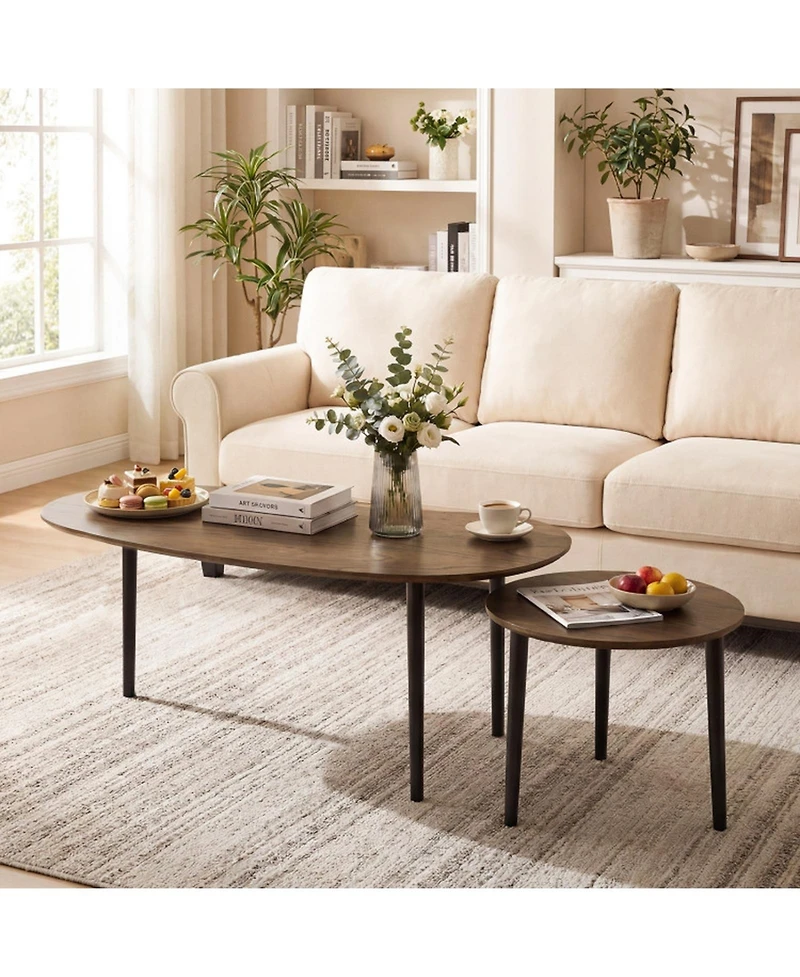 Sugift Mid Century Nesting Tables Set of 2 with Kidney Shaped Top and Rubber Wood Legs