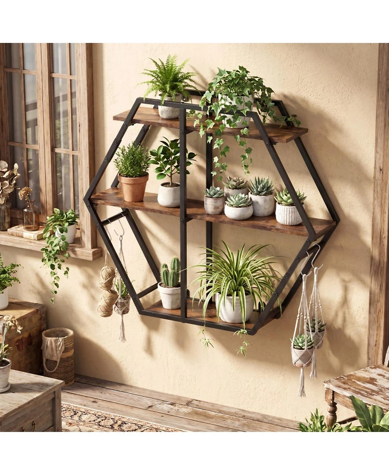 Sugift 3-Tier Geometric Wall Mounted Bookcase Hexagon Display Shelf with 4 S-Shaped Hooks
