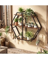 Sugift 3-Tier Geometric Wall Mounted Bookcase Hexagon Display Shelf with 4 S-Shaped Hooks