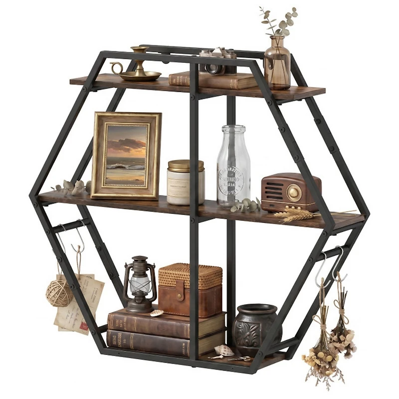 Sugift 3-Tier Geometric Wall Mounted Bookcase Hexagon Display Shelf with 4 S-Shaped Hooks