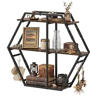 Sugift 3-Tier Geometric Wall Mounted Bookcase Hexagon Display Shelf with 4 S-Shaped Hooks