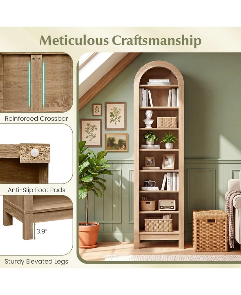 Sugift 71 Inch Tall 8-Tier Arch Bookshelf with 3 Adjustable Shelves and Slim Footprint