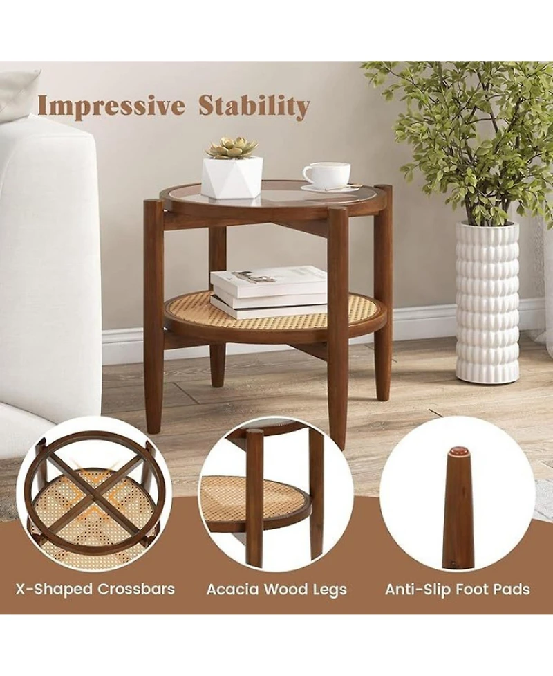 Sugift Set of 2 Rattan Round Side End Tables with Tempered Glass Tabletop 2-Tier Storage Design
