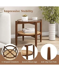Sugift Set of 2 Rattan Round Side End Tables with Tempered Glass Tabletop 2-Tier Storage Design