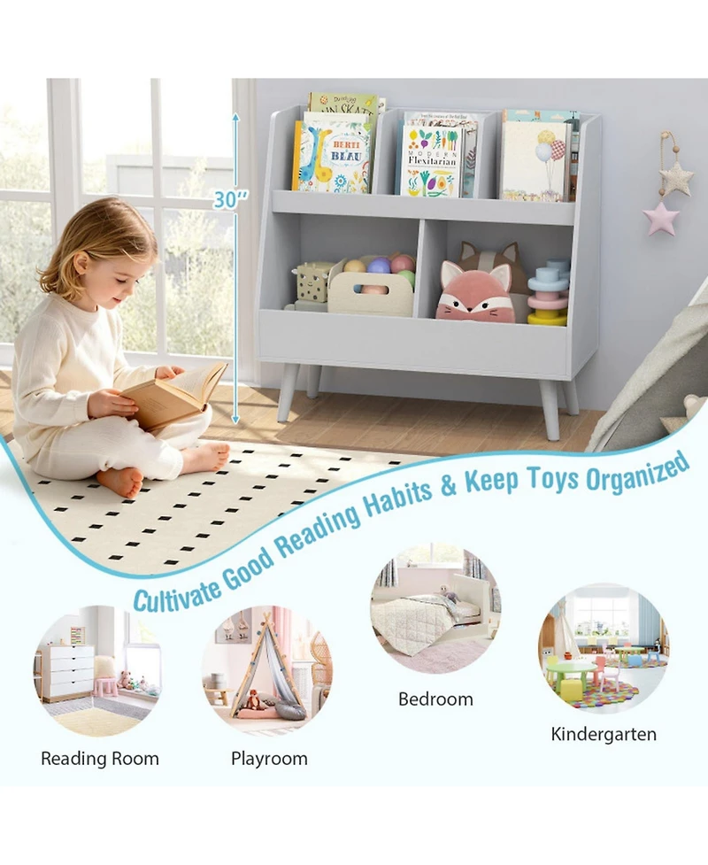 Sugift 5-Cube Kids Bookshelf and Toy Organizer with Anti-Tipping Kits and Solid Wood Legs