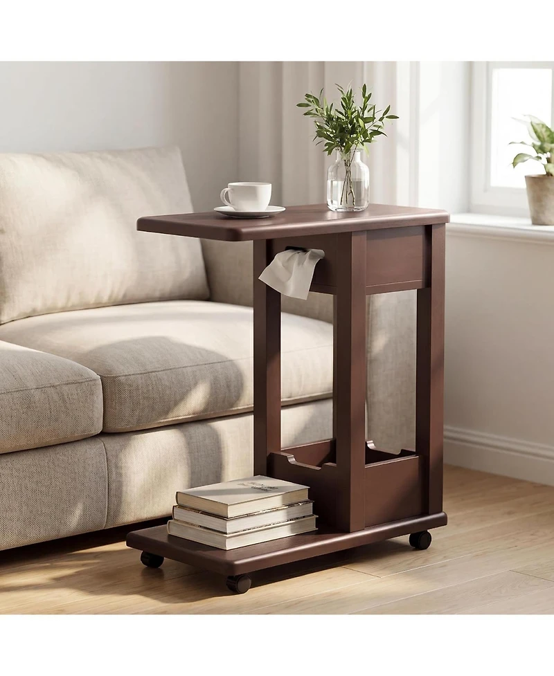 Tribesigns C-Shaped Side Table for Couch,Rolling Sofa End Table,2-Tier