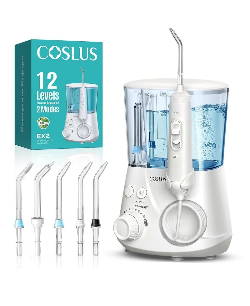 Coslus EX2 Water Flosser: 2 Modes, 12 Pressures, 5 Tips For Braces, Sensitive Gums, Family