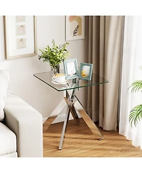 Sugift Square Glass End Table with Tempered Glass Top and Double X Metal Base