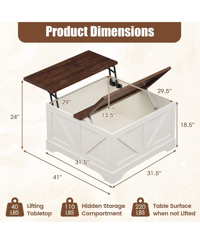 Sugift 31.5 Inch Square Lift Top Coffee Table Farmhouse Barn Door Design with Hidden Compartment