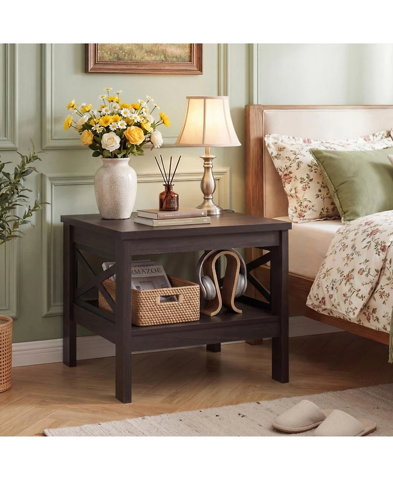 Sugift 2-Tier Square Side Table with Farmhouse X-Frame Legs and Bottom Storage Shelf