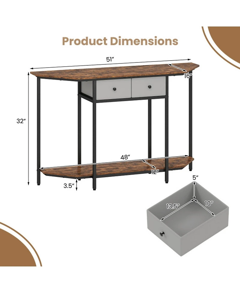 Sugift 51 Inches Console Table with 2 Folding Fabric Drawers and Open Storage Shelf