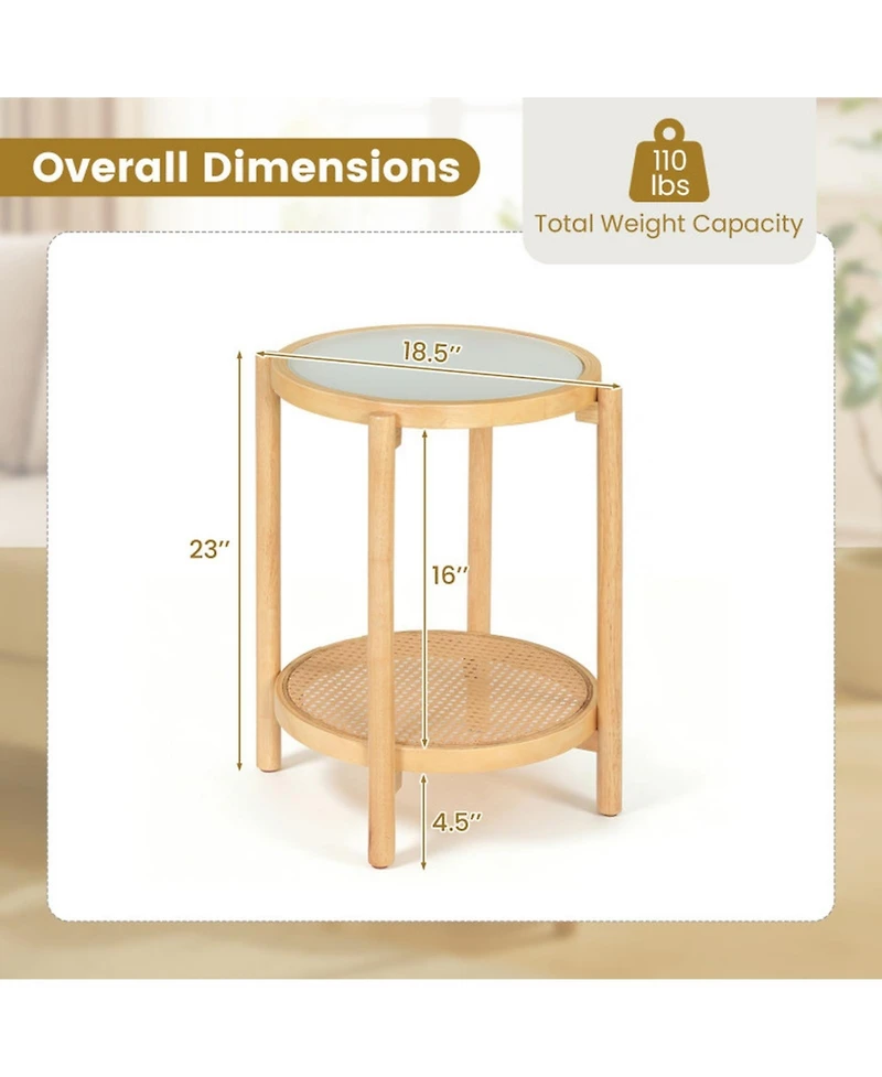 Sugift 2-Tier Round Boho End Table with Tempered Glass Top and Woven Shelf