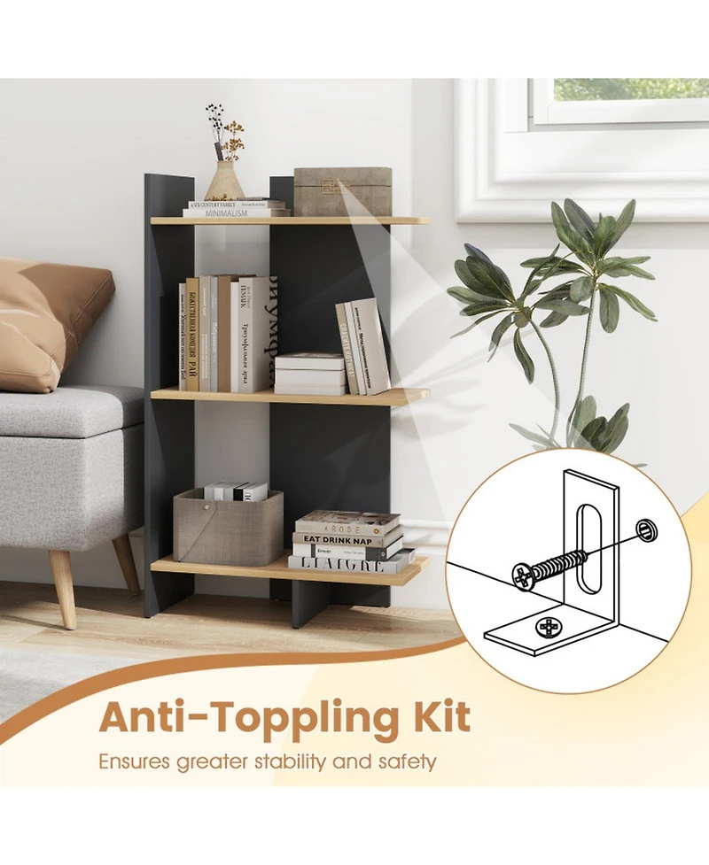 Sugift 3-Tier Wooden Bookshelf with Anti-Tipping Kit and 15 Inch Shelf Spacing