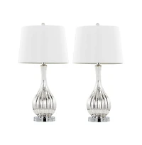 27" Glass Table Lamp in Silver Crackle Glass and Chrome Metal with White Linen Shade - Set of 2