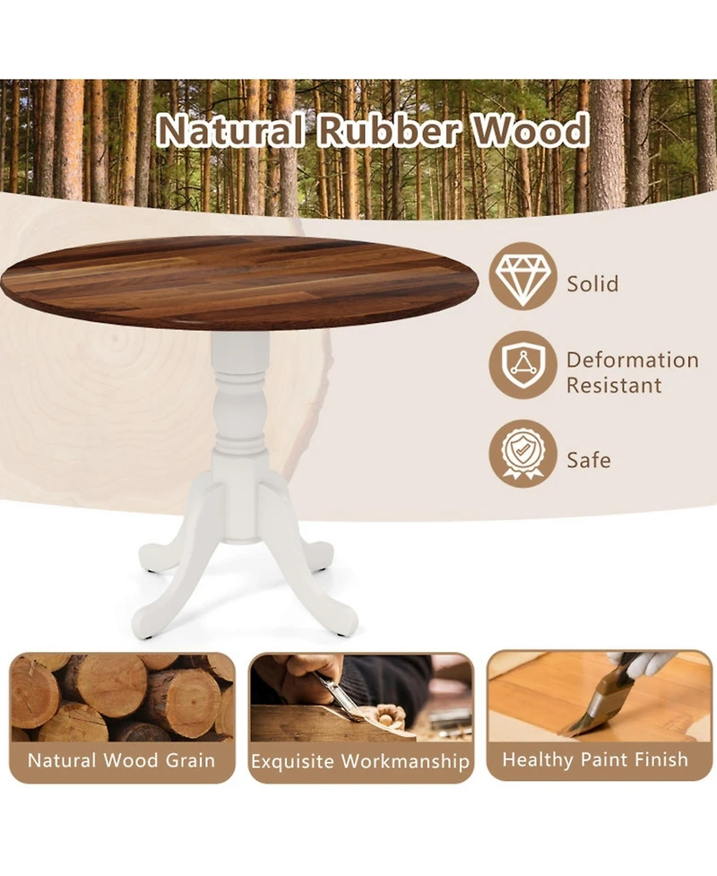 Sugift Wooden Dining Table with Round Tabletop and Curved Trestle Legs Solid Rubber Wood Kitchen Table