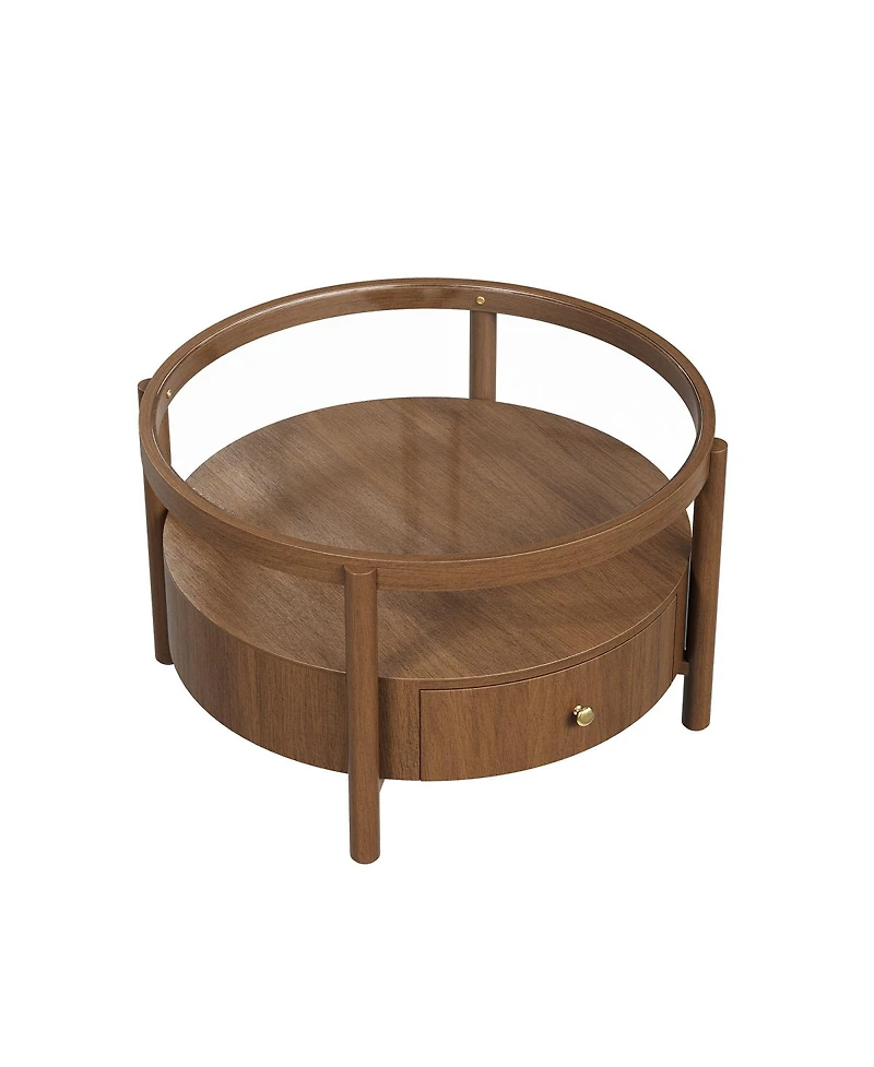 Streamdale Furniture Solid Wood Round Glass Top Coffee Table with Storage Drawer
