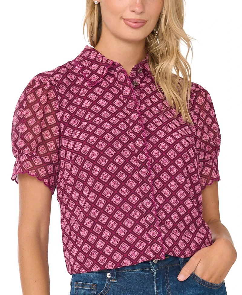 CeCe Women's Short-Sleeve Scallop Trim Button Up Blouse