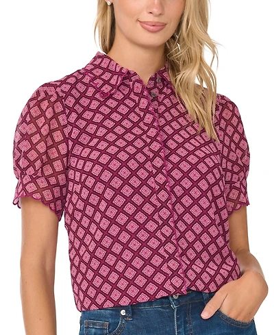 CeCe Women's Short-Sleeve Scallop Trim Button Up Blouse