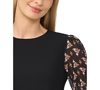 CeCe Women's Mixed Media Crew Neck Long-Sleeve Puff-Sleeve Blouse