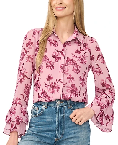 CeCe Women's Long-Sleeve Double-Ruffle Cuff Button-Down Floral-Print Blouse