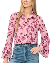 CeCe Women's Long-Sleeve Double-Ruffle Cuff Button-Down Floral-Print Blouse
