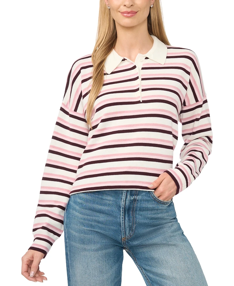 CeCe Women's Striped Polo Long-Sleeve Sweater