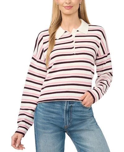 CeCe Women's Striped Polo Long-Sleeve Sweater