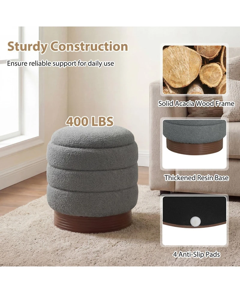 Sugift Swivel Round Storage Ottoman Upholstered Boucle Fabric Vanity Stool with Hidden Compartment