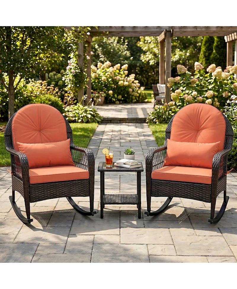 Gymax 2 Piece Outdoor Wicker Rocking Chair 400 Lbs Rocker Chair with Anti-Tip Stoppers
