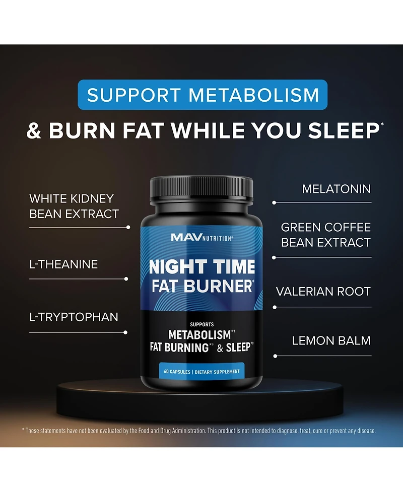 Mav Nutrition Night Time Fat Burner Sleep Aid, Appetite Suppressant and Metabolism Support Melatonin, L Theanine Non Gmo, 60 Capsules
