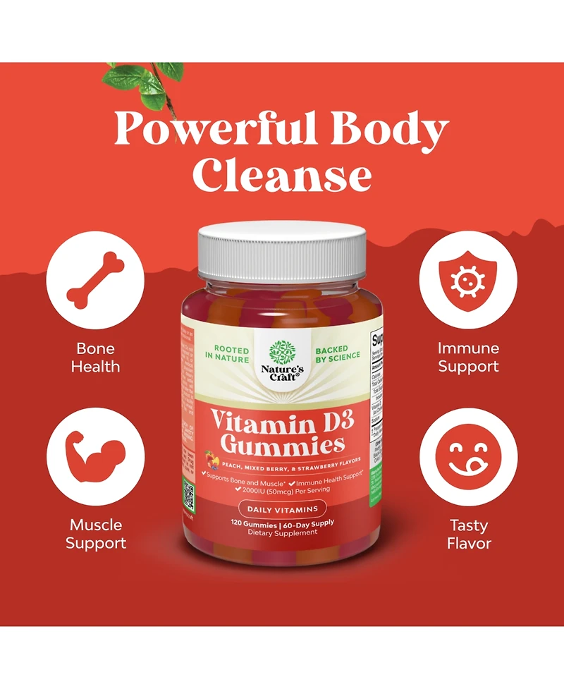 Nature's Craft Vitamin D3 Gummies Vitamin D Gummies for Adults with Vitamin D3 2000IU per Serving Bone Muscle and Immune Support 120 Count