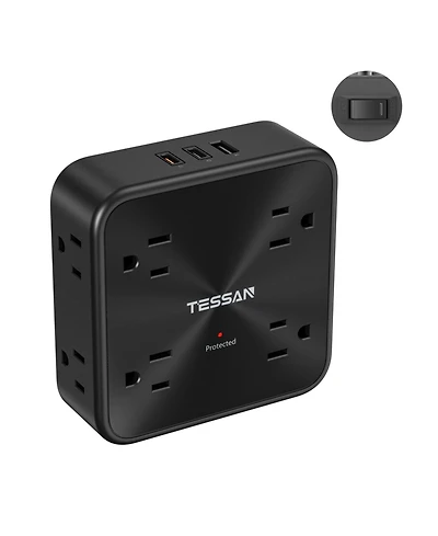 Tessan 11-in-1 Outlet Extender, 8 Ac Outlets + 3 Usb Ports, 20W Usb-c, 900J Surge Protection for Home and Office