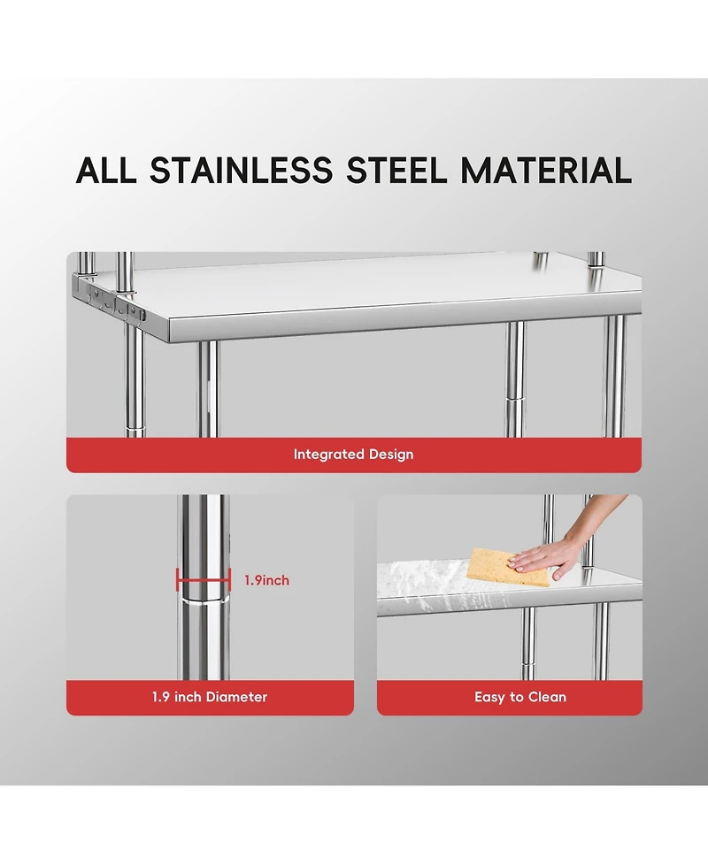 homfan Heavy Duty Stainless Steel Work Table with Overshelf - Commercial Prep plus Storage Shelf for Restaurant, Kitchen,