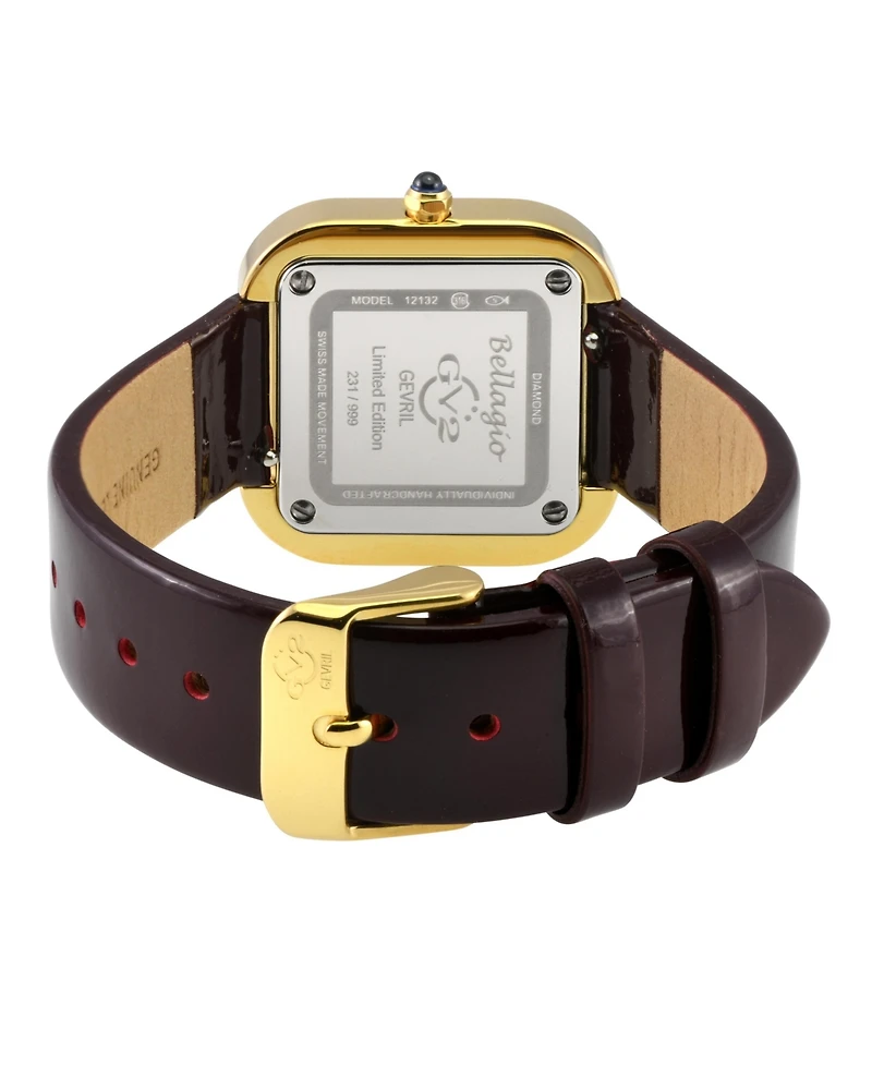 GV2 by Gevril Women's Bellagio Swiss Quartz Burgandy Italian Leather Strap Diamond Watch